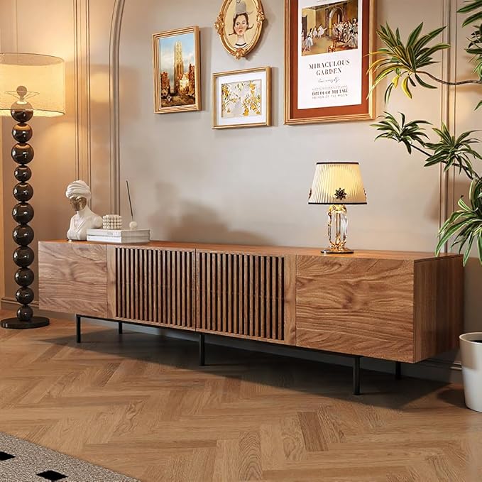 Pajiasen 70.87″ Mid Century Modern Walnut TV Stand with Grille Doors, Storage Cabinets,Entertainment Center for TVs Up to 80",Media Console for Living Room or Bedroom