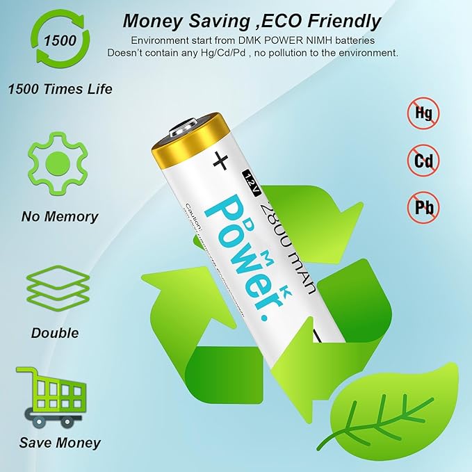 DMK POWER Rechargeable AA Batteries,2800mAh High Capacity Batteries 1.2V NiMH Low Self Discharge (4pcs)