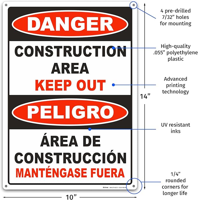 Brimar - 10" x 14" - Bilingual Danger Construction Area Keep Out Sign - .055″ Polyethylene Plastic - Bold Text And Symbol - Easy Installation