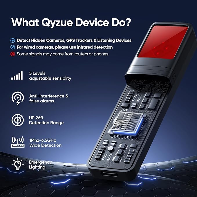 Qyzue Hidden Camera Detectors, Spy Camera Detector with RF Signal & Infrared Detection for Wireless Cameras, GPS Trackers, Privacy Protection, Portable Travel Safety Tool