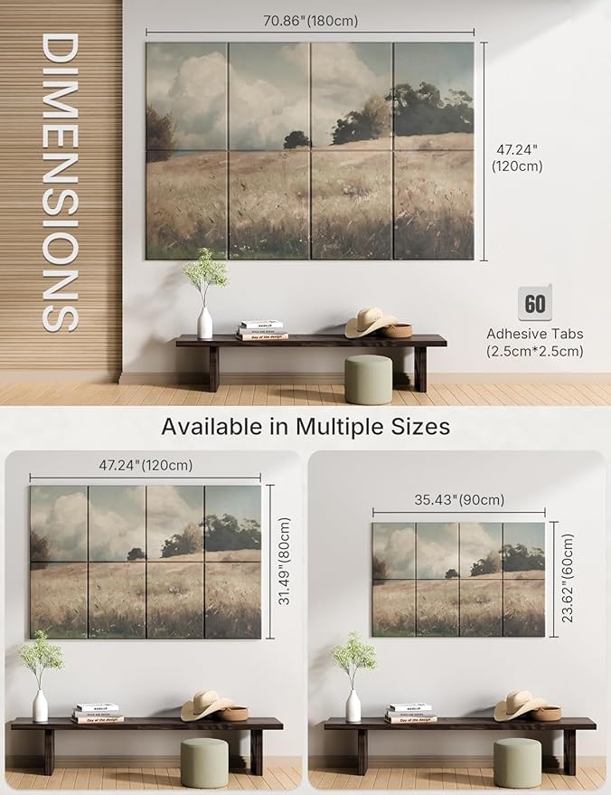 Wall Art Acoustic Panels,70''×47''Sound Absorbing Panels-8-Pack with 60 Adhesive Tabs, Panels for Living Room and Recording Studio, Offices-Grain field, landscape study