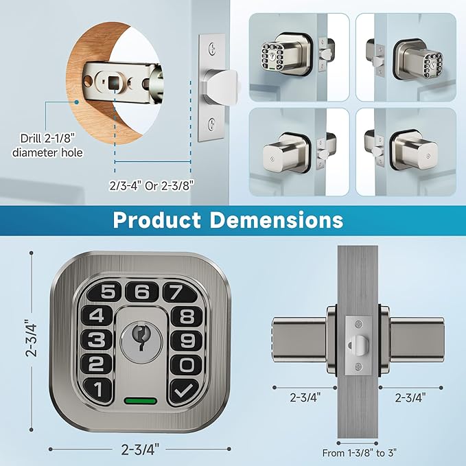 Richelock Fingerprint Door knob, Smart Biometric Door Lock with Keypad, Keyless Entry Code Door Knob, Waterproof & Weatherproof , Auto Lock ,Voice Navigation, For Bedroom, Gate,Office -Satin Nickel