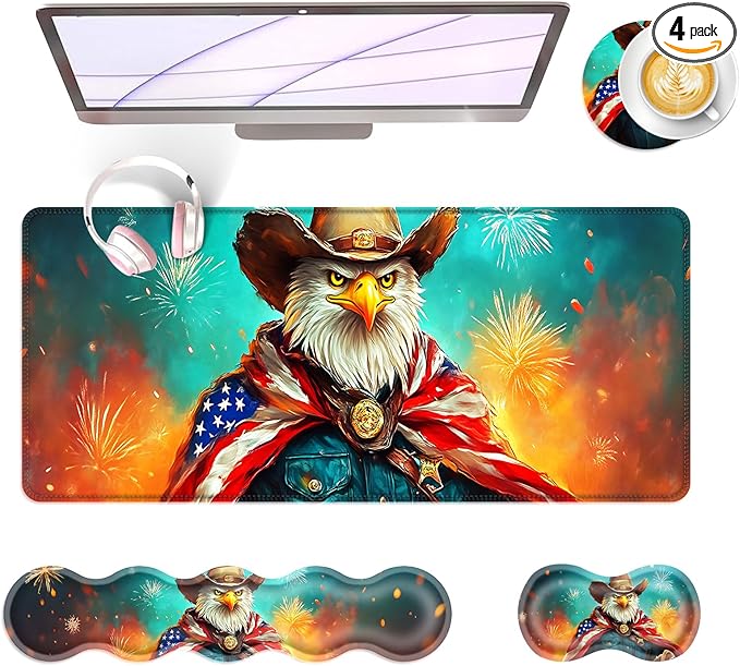 BFUKVOU Large Keyboard Mouse Pad Set, Extended Mouse Pad+Keyboard Wrist Rest Support, Memory Foam Ergonomic Easy Typing, 4Pcs (31.5×11.8 in) Desk Pad Set for Office Home,American Flag Eagle