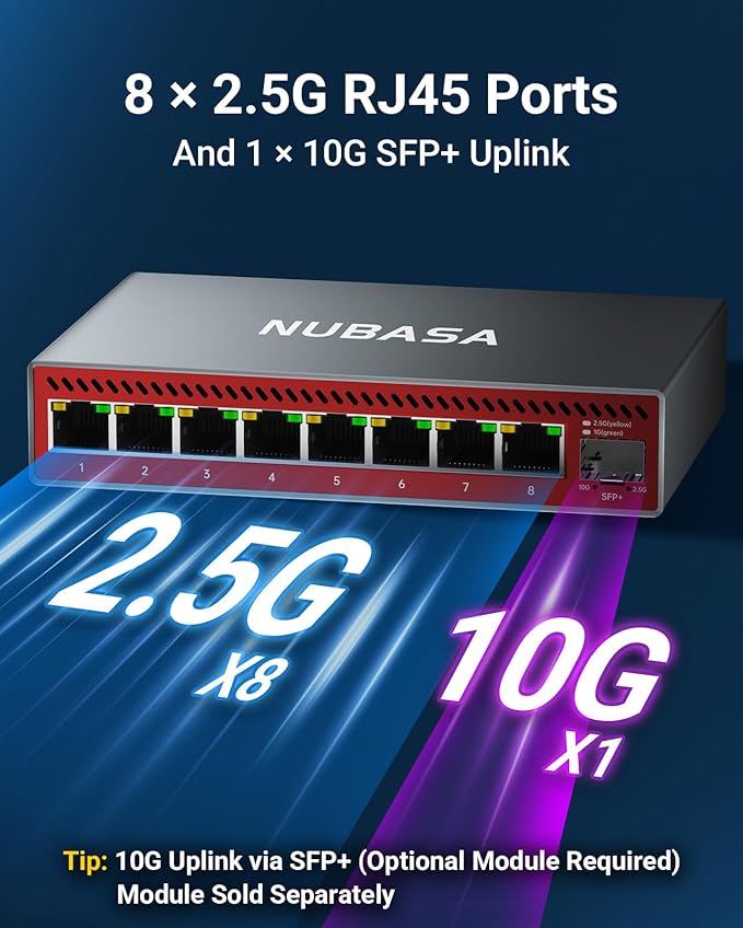 NUBASA 8-Port 2.5Gb Switch with 10Gb SFP+ Port, Unmanaged Multigig Ethernet Splitter for NAS, Gaming, PC - Plug & Play, Silent Aluminum Housing, 2.5 Gigabit Network Switch