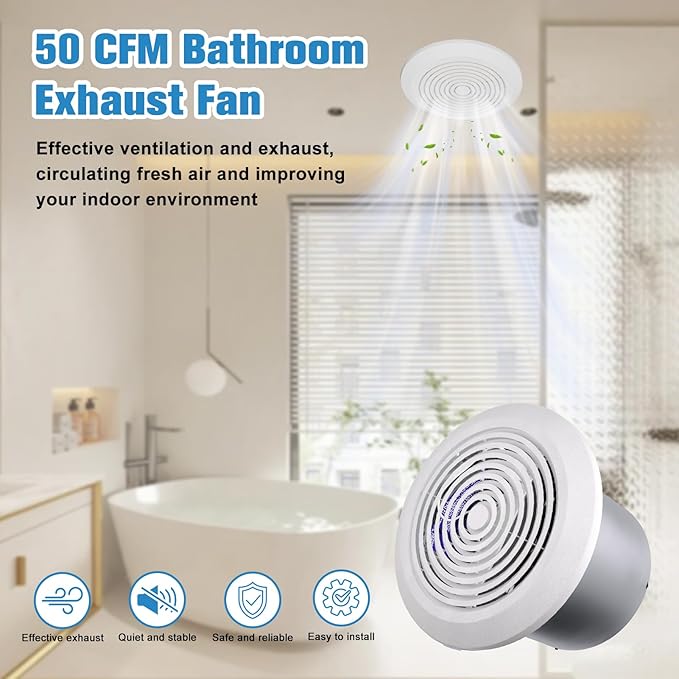 HTONG Innovation V2262-50 7 Inch Bathroom Exhaust Fan, 50 CFM Ceiling Exhaust Fan for 8" Rough-in Opening, 1.0 Sones Quiet Effective Ventilation for Bathroom, Kitchen, Laundry Room, Mobile Home