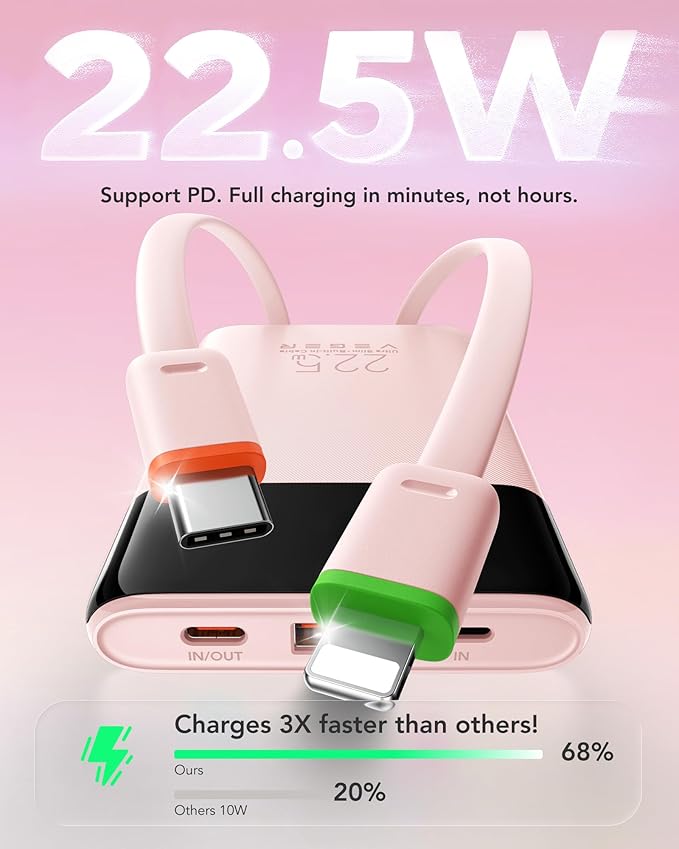 VEGER Portable Charger with Built in Cable, 10000mAh 22.5W Fast Charging USB C Battery Pack, 4 Outputs 3 Inputs Power Bank for iPhone 16/15/14/13 Series, iPad, Samsung, Android, Tablet, Pink(1 Pack)