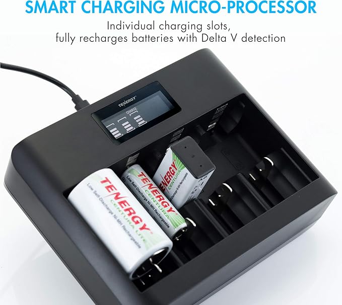 Tenergy TN486U 5-Bay Universal Battery Charger with LCD, Micro USB/Type C Input, for AA, AAA, C, D, and 9V Rechargeable Batteries
