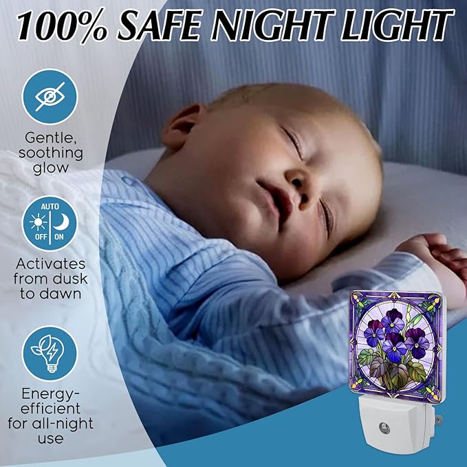 PODMemory Violet Stained Glass Night Lights Plug into Wall for Room, Violet Night Light LED for Bedroom