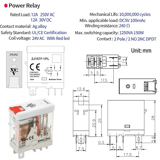 6 Pcs 24VAC Relay Electromagnetic Power Relay 12 Amp 5Pins SPDT 1NO 1NC with Test Button, Indicator Light Module and Socket Base
