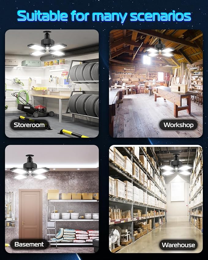 CHENGCHILIT LED Garage Light - 6 Pack 130W 13000LM Deformable 4+1 Panel LED Garage Ceiling Lights with Transformer, E26/27 Base, 6500K Daylight White Shop Lights for Factory, Storage Room, Warehouse