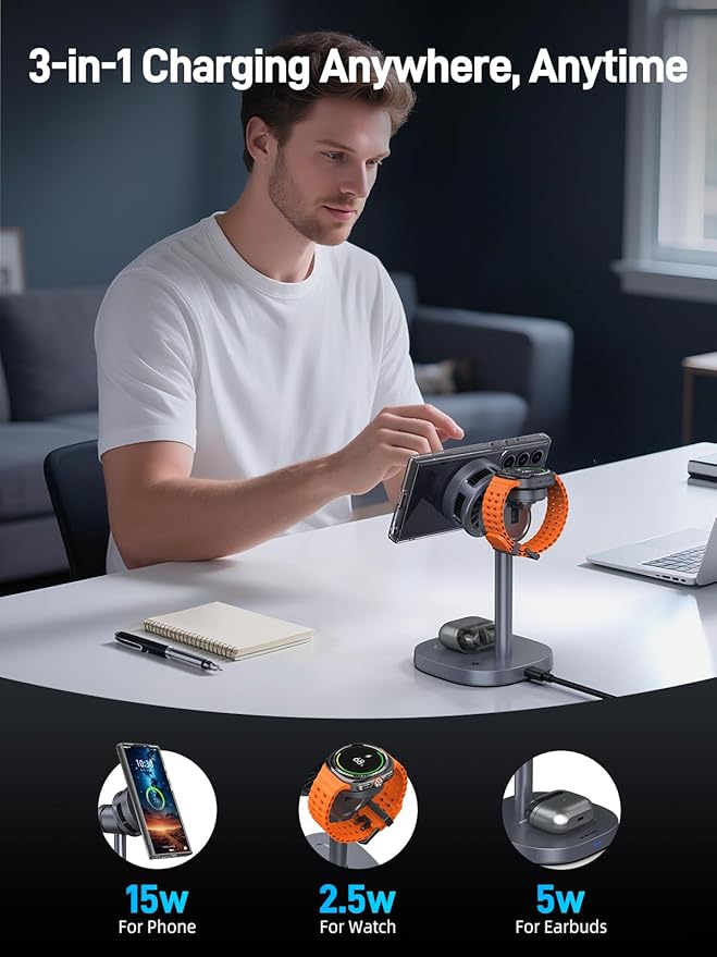 3 in 1 Magnetic Charging Station for Samsung, Qi2 Certified Phone-Cooling Magsafe Wireless Charger for Samsung Galaxy Z Fold 7/Flip 7/S25 Ultra/S24, Galaxy Watch 8/Ultra/7/6/5, Galaxy Buds 3 Pro/3