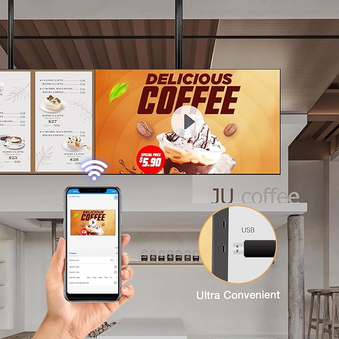 Canlarriz Digital Signage Display 85 inch Wall Mount Digital Menu Board for Restaurants and Stores Advertising Screen 500 nits Ultra-High Brightness 4K UHD Free Web Content Editor Android 4GB + 64GB
