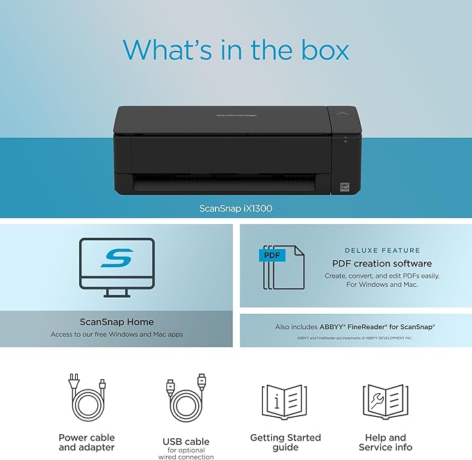 ScanSnap iX1300 Deluxe Compact Wireless or USB Double-Sided Color Document, Photo & Receipt Scanner with Auto Document Feeder and Manual Feeder for Mac or PC