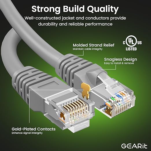 GEARit Cat 6 Ethernet Cable (20-Pack 1 Foot) Cat6 Network Patch, 10Gbps, RJ45, Snagless Cord, Gold-Plated Connectors, Internet for PC, TV, Tablet, Router, Printer, Servers, IT Data Center - Gray