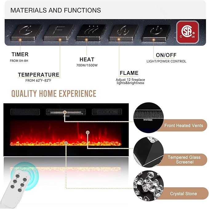 oneinmil 2 Tier TV Console Stand with 36" Electric Fireplace, LED Light Entertainment Center for TVs Up to 80" for The Living Room, 70", Black