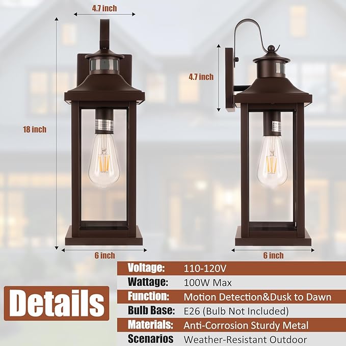 Roravilila Dusk to Dawn Motion Sensor Outdoor Lights Oil Rubbed Bronze 2-Pack, 18 Inch Large Outdoor Light Fixtures Brown Exterior Lights Photocell IP65 Waterproof Outside Lanterns for House Vintage