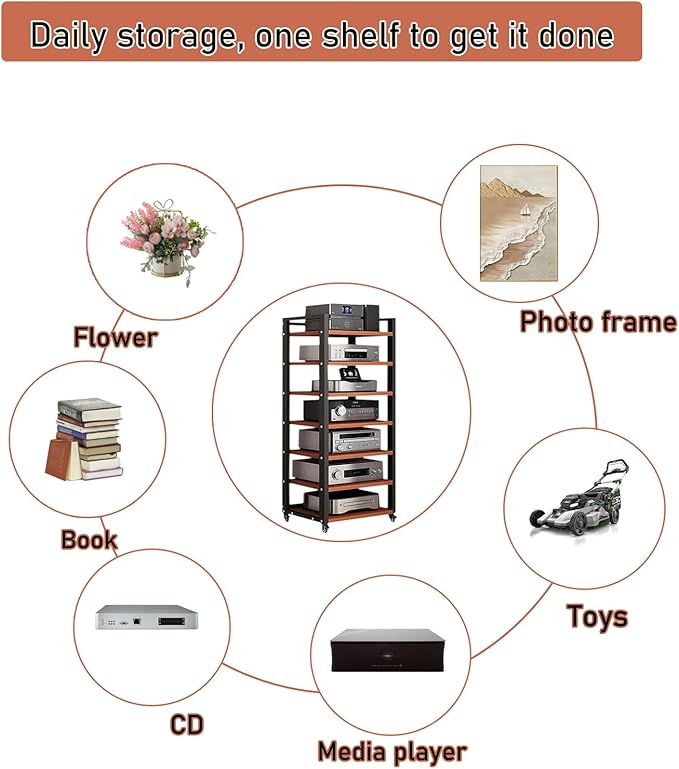 Dernoing 7 Tier Audio Rack Tower, CD Record Player Stereo Receiver AV Equipment Cabinet Display Rack, Weight Capacity 661 lbs, with Adjustable Wooden Shelves for Home (7 Tier Teakwood)