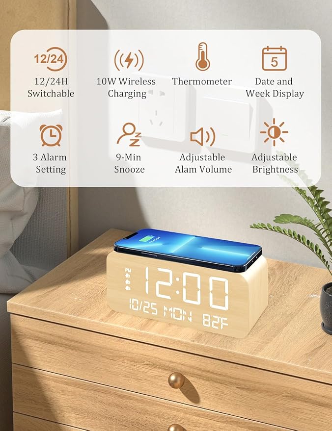 Digital Alarm Clock, with Wooden Electronic LED Time Display, 3 Alarm Settings, Humidity & Temperature Detect, Wood Made Electric Clocks for Bedroom, Bedside (Yellow-Wireless)