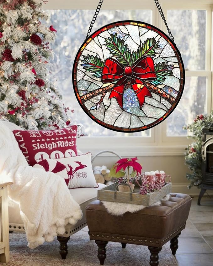 DASTOLL Stained Glass Window Hanging - Pine Branches Red Bow Suncatcher for Doors Home Christmas Decoration Silver Sun Catcher Thanksgiving New Year Birthday Gifts for Women Men Mom Nana 7.8 in