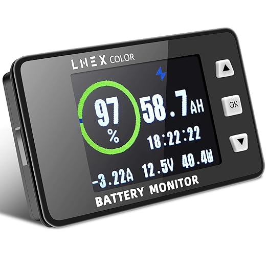 LNEX 500A Shunt Battery Monitor, 2.4" Color Screen RV Monitor with 16ft Shielded Wire, Support High Low Voltage Programmable Alarm for 8-100V Lifepo4, Lithium Sealed, Gel, Flooded Battery
