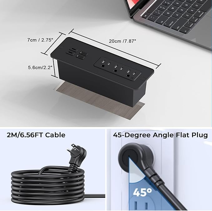 Drawer Outlet with PD 65W USB C, Recessed Power Strip with 3 Outlets 4 USB Ports, Recessed Outlet with 2M Flat Plug Cable for Side Table Sofa Table, Black