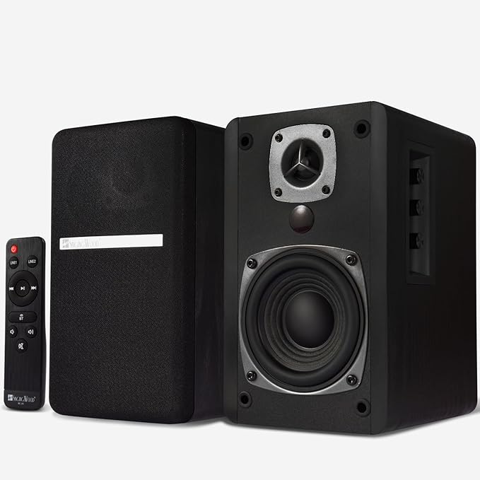 SINGING WOOD BT27 Active Powered Bluetooth Bookshelf Speakers for Studio Monitor TV Turntable Computer- 60 Watts RMS - Wood Grain Finish (Black)