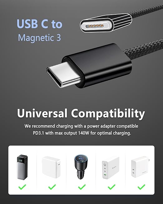 ZeitNah Upgraded USB-C to Magnetic Charging Cable for MacBook Pro/Air (2021-2025), 140W Fast Charging, 6.6ft Braided Replacement Power Cord for MacBook Charger, Black