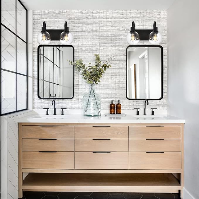 WINSHEN Bathroom Vanity Light with Globe Seeded Glass 2-Lights Industrial Black Wall Sconce Lighting for Foyer Hallway