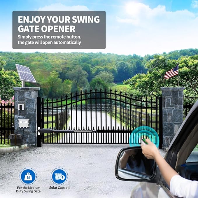 TOPENS A5S Automatic Solar Gate Opener for Medium Duty Single Swing Gates Up to 16ft, Single Swing Gate Operator Battery Powered with Remote Control Kit Gate Motor Solar Panel Included