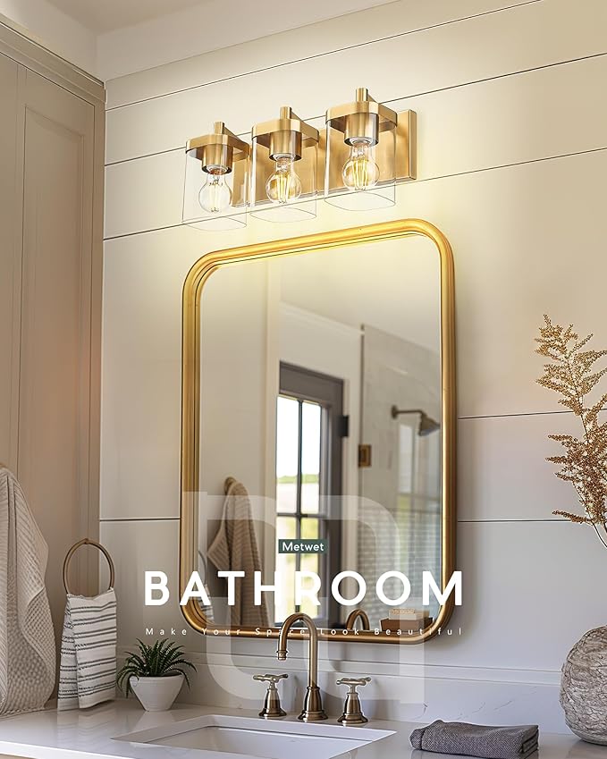 METWET Bathroom Light Fixtures Over Mirror, 3-Light Brushed Gold Vanity Light with Square Clear Glass Shade, Modern Wall Sconces, Vanity Lighting Fixtures, VL194-BG-3