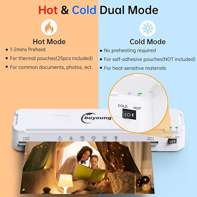 Buyounger Laminator Machine, A3 Laminator Machine with 30 Laminating Sheets, 13 Inch Laminating Machine with Fast Warm-up for A3/A4/A5/A6, Thermal and Cold 11X17 for Home School Office