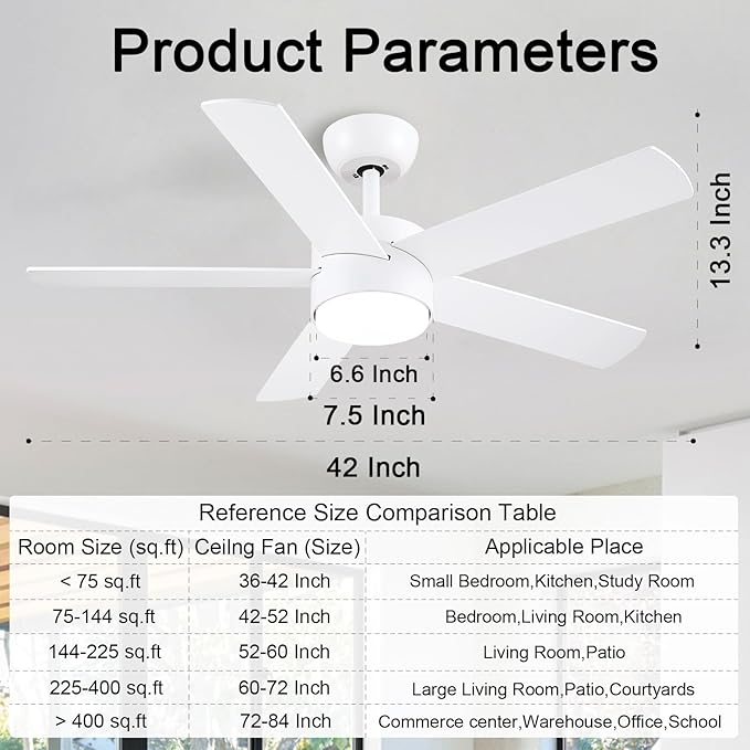 POCHFAN 42 inch White Ceiling Fans with Lights and Remote, LED Dimmable 3 CCT Temperatures 6-Speed, Noiseless Modern Ceiling Fan for Bedroom, Living Room, Dining Room, ETL Listed