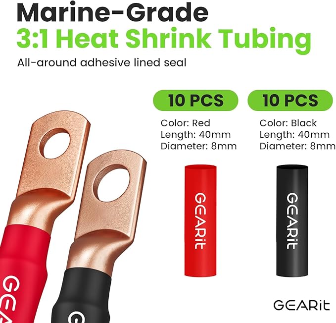 GearIT 8 Gauge CCA Battery Cable - 20 Heat Shrink Wrap, 15 Lugs, Automotive Amp Wire Kit (25 ft Each - Black/Red)