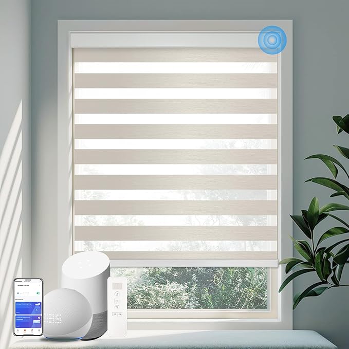 COOLWINDS Motorized Zebra Blinds for Windows Cordless Electric Curtains with Remote Control Blackout Shades Custom Smart Blinds Compatible with Alexa Google Home(Light Filtering Beige,W43 X 72in)