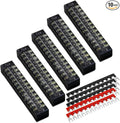 MILAPEAK 10pcs (5 Sets) 12 Positions Dual Row 600V 15A Screw Terminal Strip Blocks with Cover + 400V 15A 12 Positions Pre-Insulated Terminals Barrier Strip (Black & Red)
