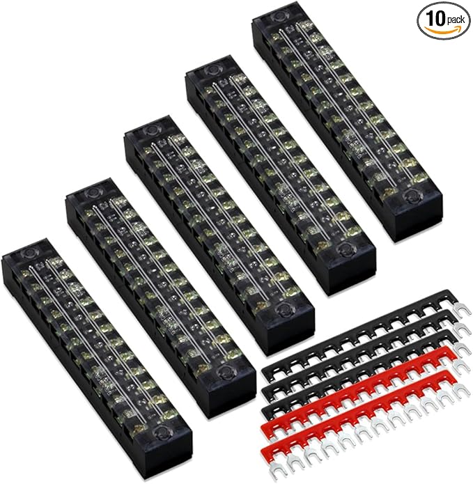 MILAPEAK 10pcs (5 Sets) 12 Positions Dual Row 600V 15A Screw Terminal Strip Blocks with Cover + 400V 15A 12 Positions Pre-Insulated Terminals Barrier Strip (Black & Red)