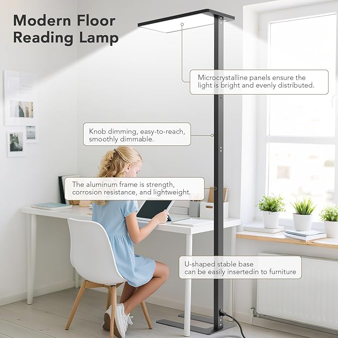 120W LED Floor Lamp, 76.8" Tall Reading Light, 10000LM Knob Dimming Standing Lamp, Full Spectrum Eye Care Reading Lamp, 4000K Natural Daylight for Study Room, Office, Living Room, Bedroom (Black)