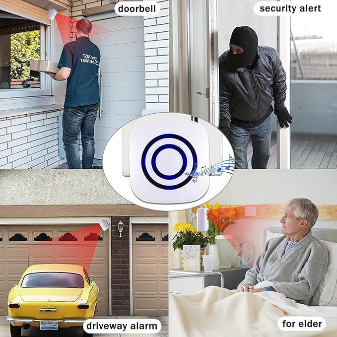 BESTOONE Motion Sensor Alarm, Long Range Wireless Driveway Alarm, Indoor Home Security System Electric Doorbells, 4 Motion Detector and 2 Alarm, 38 Chime Tunes, LED Indicator
