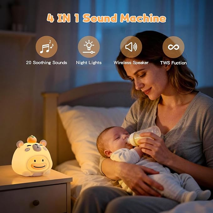 Baby Sound Machine, 20 Soothing Sounds White Nosie for Sleeping, Rechargeable Night Light with Speaker, 3 Brightness Levels Remote and Tap Control, Nursey Lamp for Baby, Kids Bed Room (Capybala)