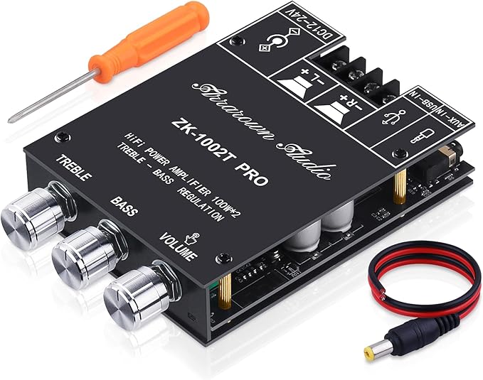ARRAROWN ZK-1002T PRO 2.0 Channel Bluetooth 5.0 Amplifier Board 200W HiFi Subwoofer Audio AMP with Treble and Bass, BT USB and AUX Inputs, DC 12-24V 2.0 Channel Stereo AMP Module for DIY Speakers