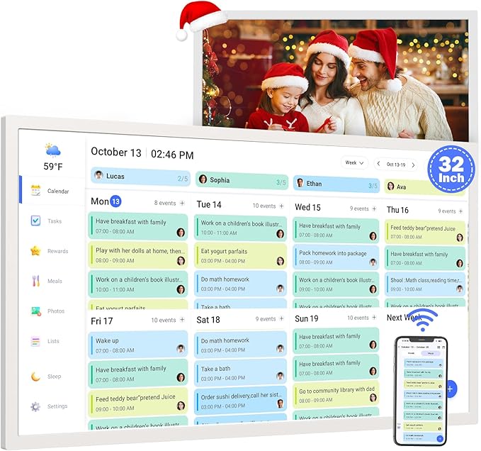 32" Digital Calendar Chore-Chart for-Wall-Planner - Interactive Touchscreen Display Electronic Calendar Picture Frame, Star Reward, Sync Google iCloud Outlook Calendar, Gifts for Mom, Wall Mount White