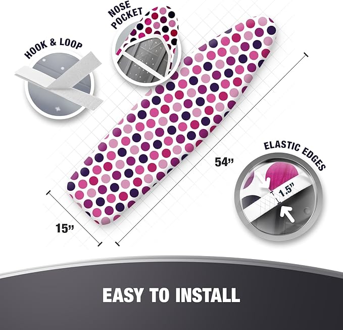 COTTY HOME Extra Thick Ironing Board Covers with Pad Standard Size 15x54, Heat Reflective Full Scorch Resistant Padding, Snug Fit Non-Slip Nose Pocket Fastener Straps Elastic Edges, Polka Dots