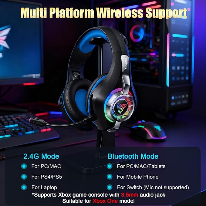 Ordtop 2.4GHz Wireless Gaming Headsets for PS5/PS4/Switch, 2026 RGB Noise Cancelling Over-Ear Headphones with 7.1 Surround Sound, 40mm Drivers, 276g Ultraligero, Memory Foam, 45H Gaming Headphones