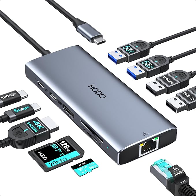 USB C Hub Multiport Adapter, 10-in-1 Laptop USB C Docking Station for Dell/HP Laptop, Dock to 4K HDMI,Ethernet,100W PD,3USB 3.0, 2USB 2.0, SD/TF, USB Type C Dongle for MacBook, Surface, Lenovo