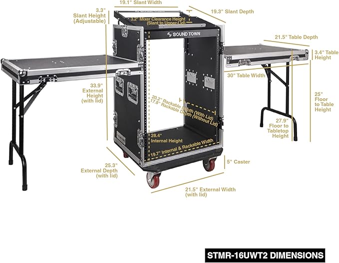 Sound Town Heavy-Duty 1/2" (12mm) Plywood 16U PA DJ Rack/Road ATA Case with 11U Slant Mixer Top, 20" Rackable Depth, 2 DJ Work Tables and Casters, Pro Tour Grade (STMR-16UWT2)
