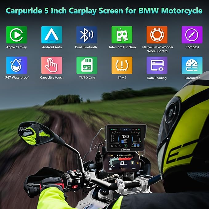 CARPURIDE W502BS PRO for BMW Motorcycle CarPlay & Android Auto Dual Bluetooth, 5" Waterproof GPS Navigation Screen, Data Reading, Native Wonder, TPMS, Light Sensor, Music Sharing, Intercom
