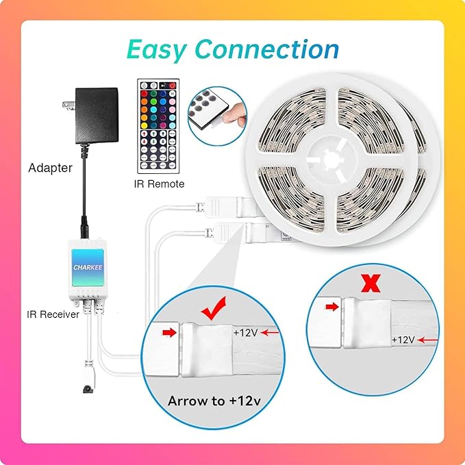 CHARKEE LED Lights for Bedroom 50 ft, Color Changing LED Strip Lights with 44-Key Remote, 12 Volt RGB SMD5050 Tape Lighting for Bedroom, Room Decor, Indoor,IG,TikTok,DIY(44key Remote)
