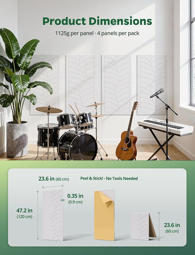 Topnaca 4 Pack Large Acoustic Panels Sound Absorbing for Studio Walls, Self Adhesive Decorative Leaf Art Tiles White Sound Absorption Absorbers for Home Room Ceiling Door Treatment 47" x 24" x 0.4"