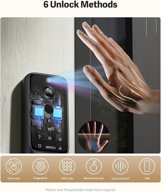 Lockin Veno Plus Smart Lock with Dual Swappable Batteries, 6-Month Power, 2K 180° Camera & Video Doorbell, Palm Vein/Fingerprint Entry, Built-in WiFi, App Control, No Subscription