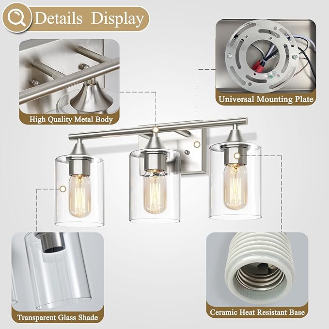 XPEHK 3-Light Bathroom Light Fixtures,Brushed Nickel Vanity Light,Modern Bathroom Lighting Fixtures Over Mirror,Wall Lighting Sconces for Mirror Bedroom Living Room Vanity Table Hallway